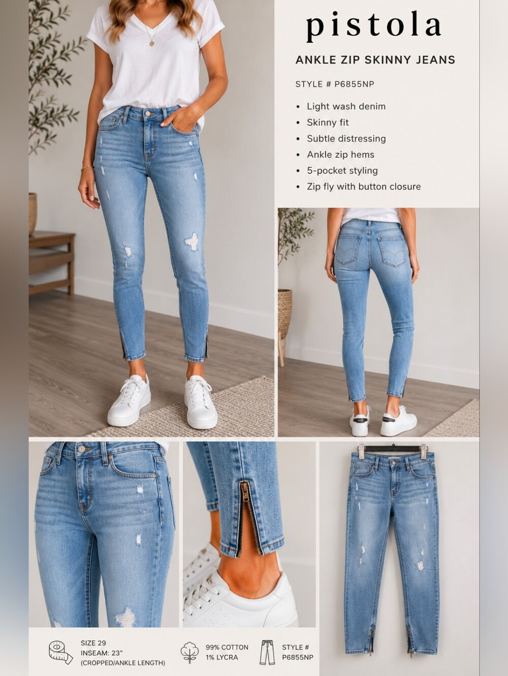 Pistola Ankle Zip Skinny Jeans Size 29 Light Wash Cropped Denim 23" Inseam